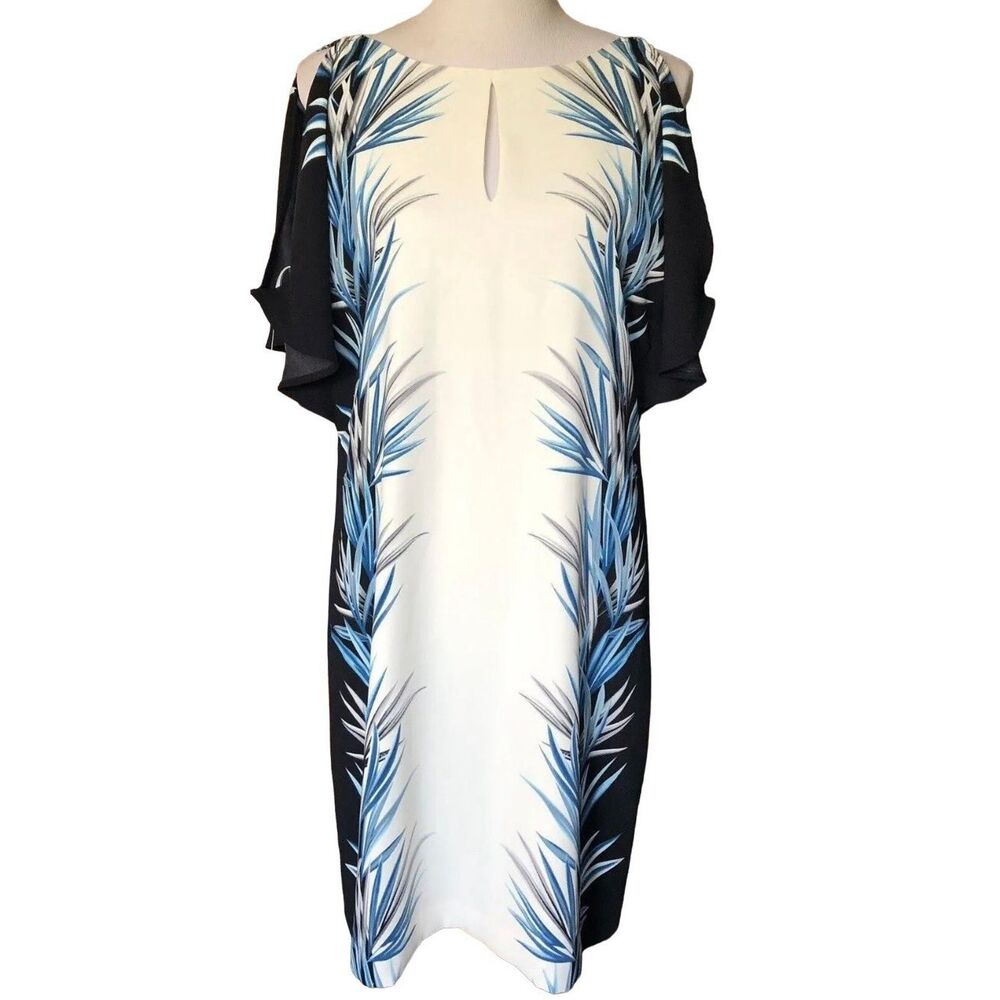 White House Black Market palm print shift cold shoulder dress - Size 8